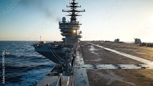 Majestic Aircraft Carrier Sailing at Sunrise on Open Ocean