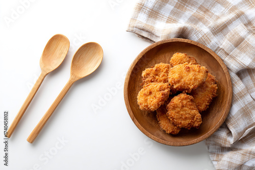 Crispy chicken nuggets in a wooden bowl with spoons isolated on white background