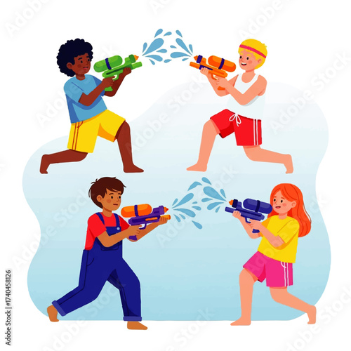 Diverse Children Enjoying a Fun Water Gun Fight.
