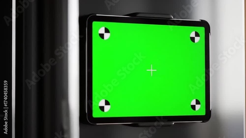 A modern tablet device with a vibrant green screen display and tracking markers for easy digital content insertion.