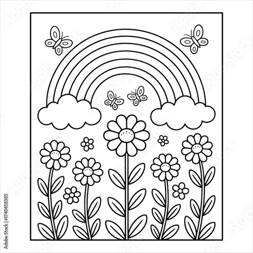 Rainbow Flowers Coloring Page, Cute Kids Nature Illustration, Happy Garden Line Art.