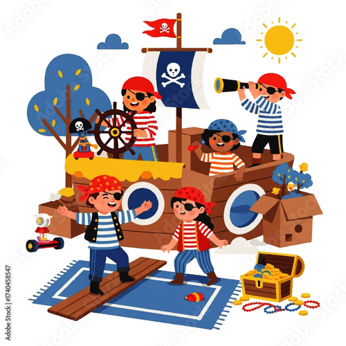 Children Playing Pirates on a Wooden Ship Adventure.
