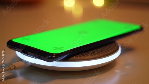 Modern smartphone with green screen displays on a glowing wireless charger, close up view.