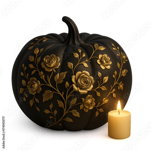 Elegant Black Pumpkin with Golden Floral Design and Candle Light