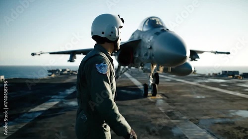 Naval aviator in flight suit walks confidently towards a F/A-18 Super Hornet fighter jet on an aircraft carrier flight deck during military operations