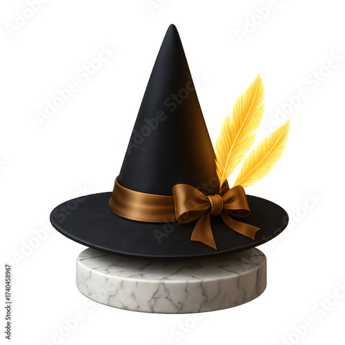 Elegant Black Witch Hat with Feathers on Marble Stand