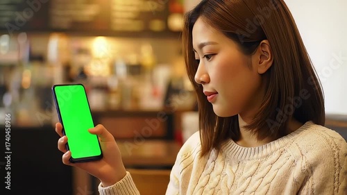 Young Asian woman taps on smartphone green screen display in a cafe setting