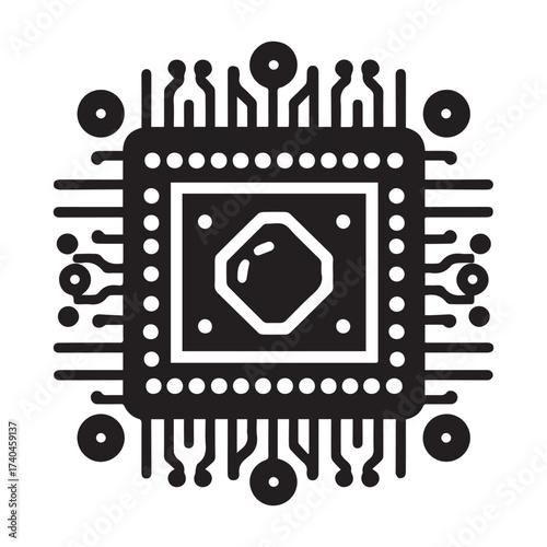 Stylized black and white illustration of a central processing unit with radiating circuit board lines and circular nodes on a white background