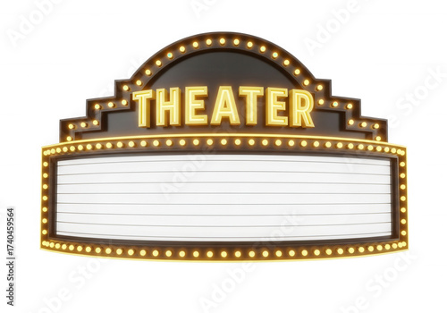 Marquee theater sign with glowing bulbs isolated on a transparent background