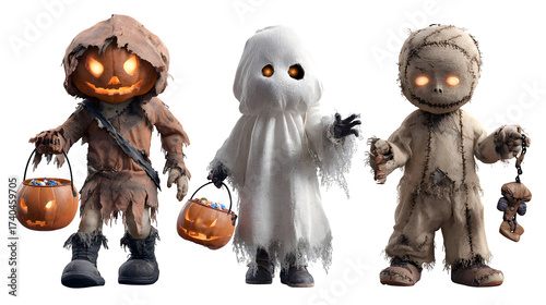 Whimsical Halloween trio with glowing eyes trick or treating in adorable pumpkin costumes and ghost attire, perfect for festive holiday designs. A Halloween design