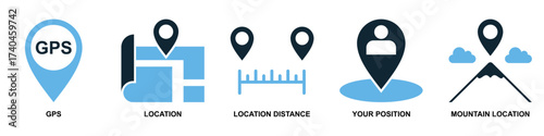 Set of location and navigation vector icons. Essential graphics for GPS, travel, and mapping applications. This collection is ideal for user interface, providing clear symbols for finding places	