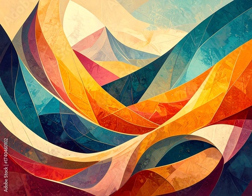 Abstract image of layered, colorful geometric shapes reminiscent of a landscape