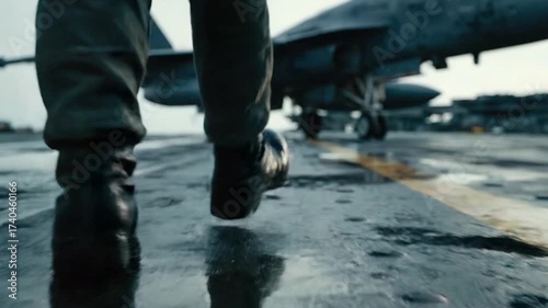 Low angle shot of a soldier in military boots walking on a wet aircraft carrier deck towards a parked fighter jet