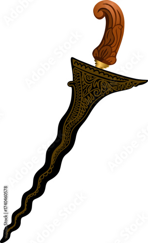 East Javanese Kris Dagger Vector with Strong Pamor and Carved Ladrang Sheath