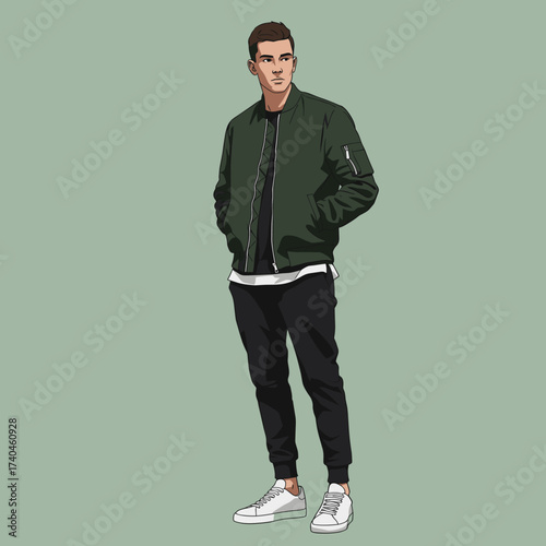 Modern casual fashion illustration of a young man in a green bomber jacket, black t-shirt, and joggers
