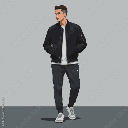 Modern Illustration of a Young Man in Streetwear Fashion: Bomber Jacket, Joggers & Sneakers