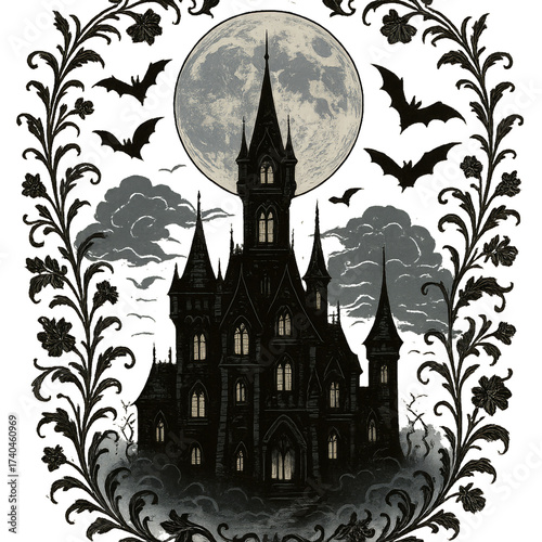 Dark Gothic Castle Under Full Moon with Bats and Clouds