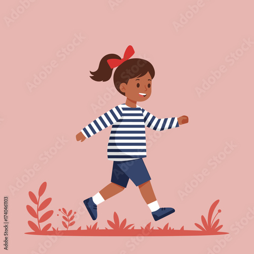 Joyful young girl walking happily in a striped shirt and shorts, flat vector illustration on a pink background.
