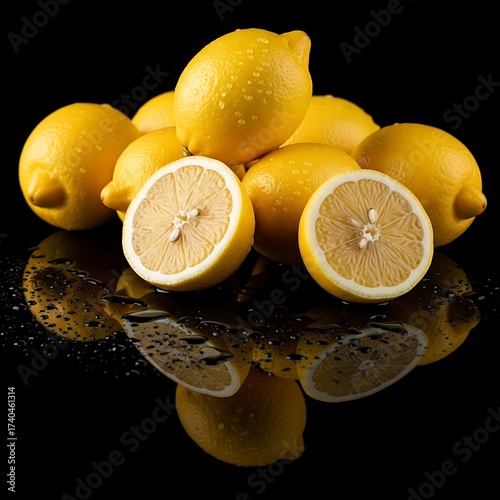 Fresh Lemons on Black Reflective Surface - A Zesty Citrus Still Life.