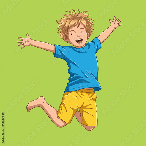 Happy blonde boy jumping with joy, arms wide open, smiling widely, expressive child on green background, cartoon illustration