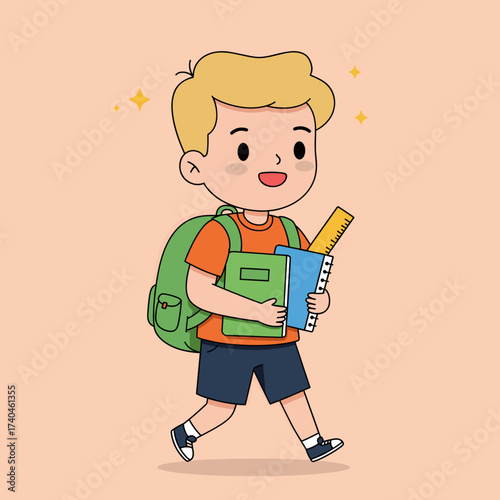Happy schoolboy walking with backpack, books, and ruler. Cute student character illustration for education and learning concept.