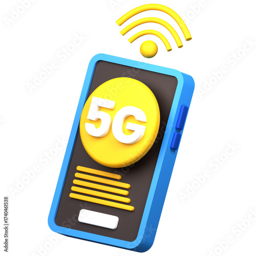 Stylized Blue and Yellow Smartphone with 5G Icon and Wireless Signal on Transparent Background