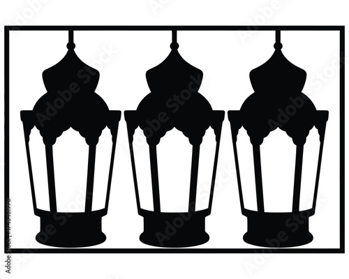Black and White Silhouette of Festive Lanterns for Ramadan Celebration
