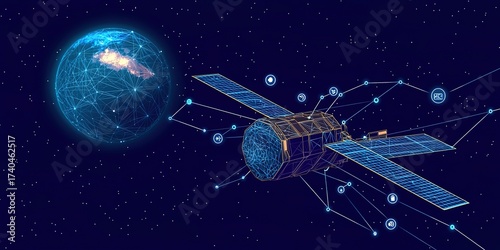 Satellite with digital connections to Earth and celestial bodies, highlighting data transfer in space-based systems on blue gradient background with white line work and vector graphics
