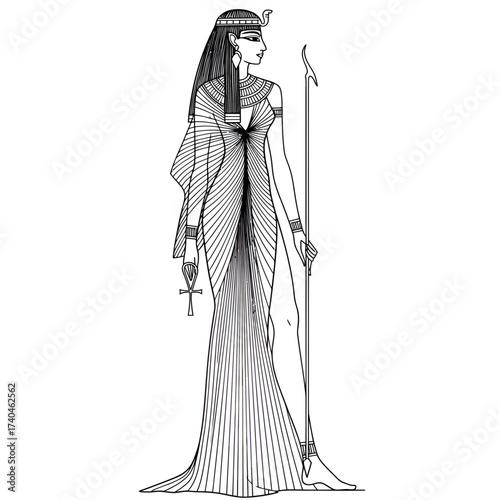 Ancient Egyptian Queen or Goddess Holding an Ankh and Staff