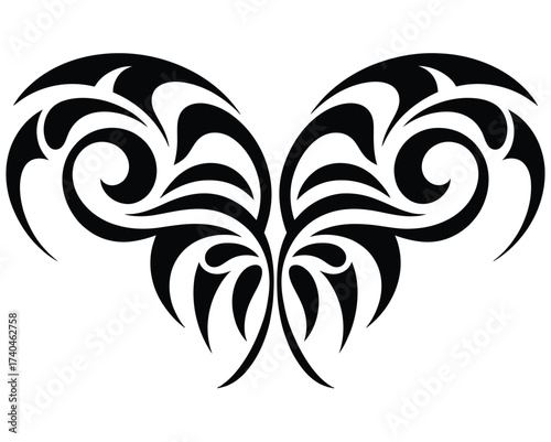 Abstract Tattoo Design: Intricate, symmetrical black design with a modern, graphic style. Evoking a sense of elegance, this piece would look great on skin.