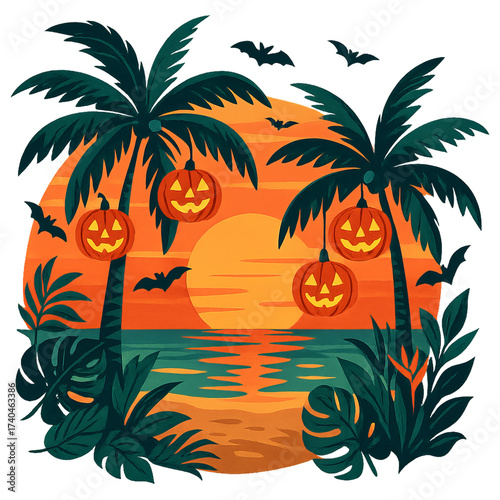 Halloween Sunset Scene with Palm Trees and Jack-o'-Lanterns
