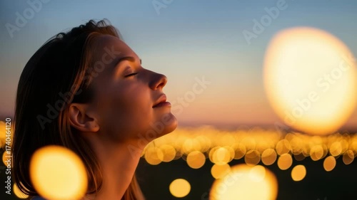 Profile shot of serene woman eyes closed face bathed in golden light Numerous luminous bokeh circles fill the foreground and background under gradient sky