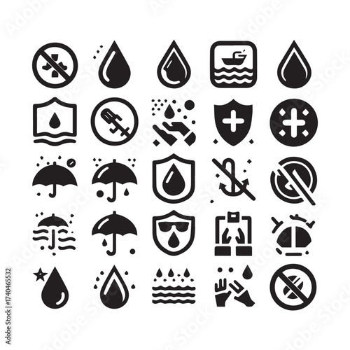 Collection of black icons representing water resistance and protection symbols water drop shield