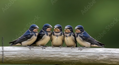 Five Barn Swallows Perched on a Branch in Harmony.