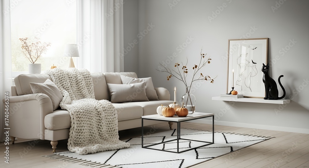 Obraz premium Cozy Living Room Decorated for Halloween with White Sofa, Pumpkins, and Black Cat