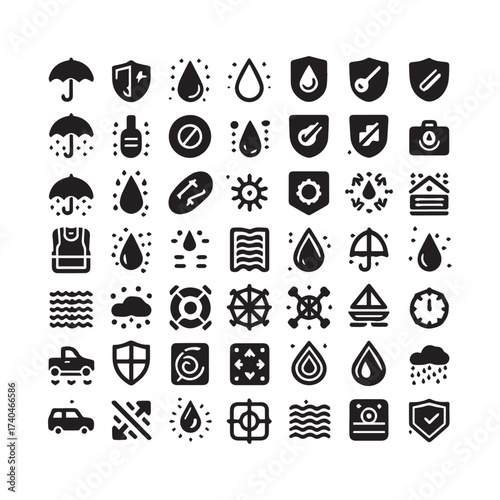 Comprehensive collection of 40 black glyph icons depicting weather, protection, safety, and environmental symbols on a white background