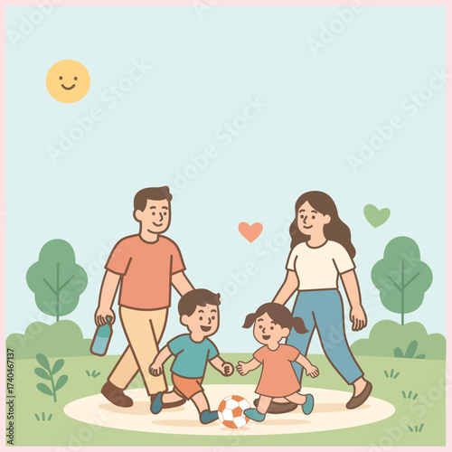 Minimalist illustration of a happy family playing soccer together outdoors, showing love, joy, and bonding in a cheerful and simple pastel design.