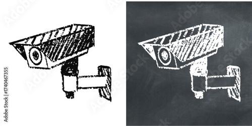 Chalk hand-drawn security camera icon vector. Ideal for surveillance, protection, and privacy themes. This graphic symbolizes monitoring and safety with a unique, sketchy aesthetic.