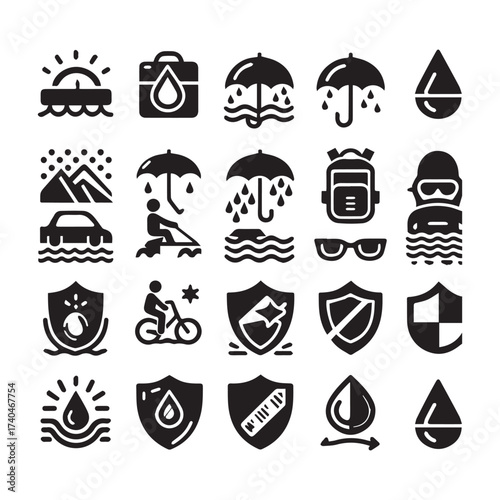 Diverse black icons on white background showcasing waterproof protection for outdoor activities and travel Keywords: waterproof, water resistant, icon, symbol, protection, shield, drop, water