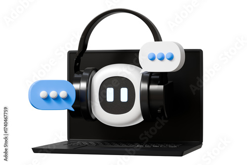3d robot with headphones and laptop icon. customer support chat concept. Minimal cartoon chatbot bot headset helpdesk for website banner. isolated on white background. 3d render.