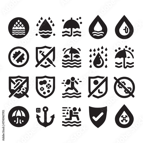 Diverse Icons Representing Water Resistance Protection and Prevention Measures Keywords: water resistance, protection, prevention, shield, umbrella, rain, drop, person, running, water, anchor, no