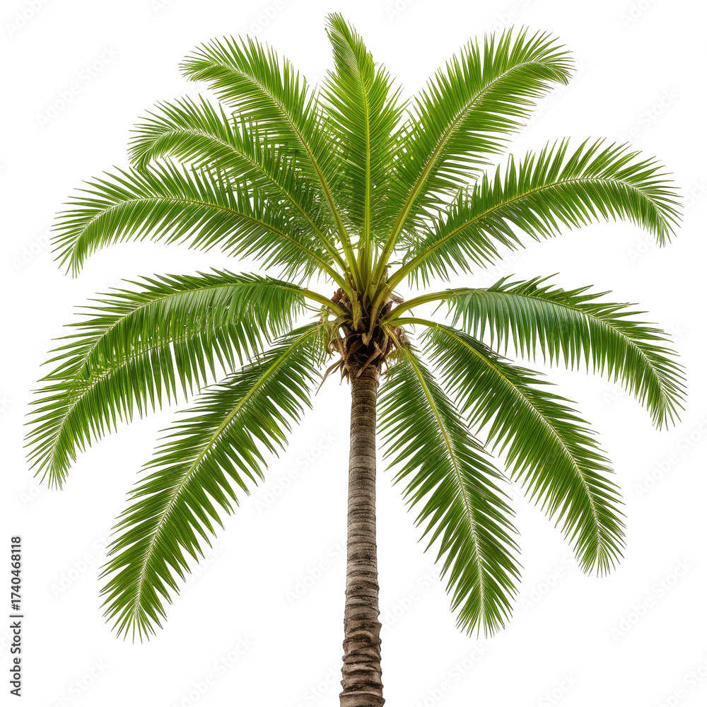Fototapeta premium Isolated palm tree with vibrant green fronds, brown trunk, black background