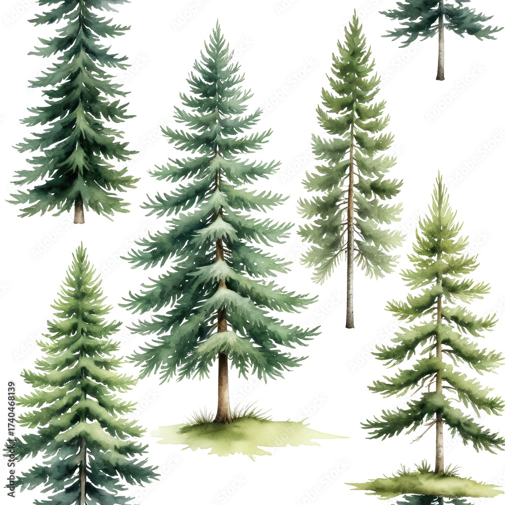 Obraz premium Watercolor evergreen trees on transparent background, seamless forest pattern
