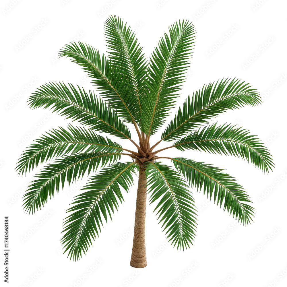 Fototapeta premium Lush, green palm tree with a brown trunk, isolated on black