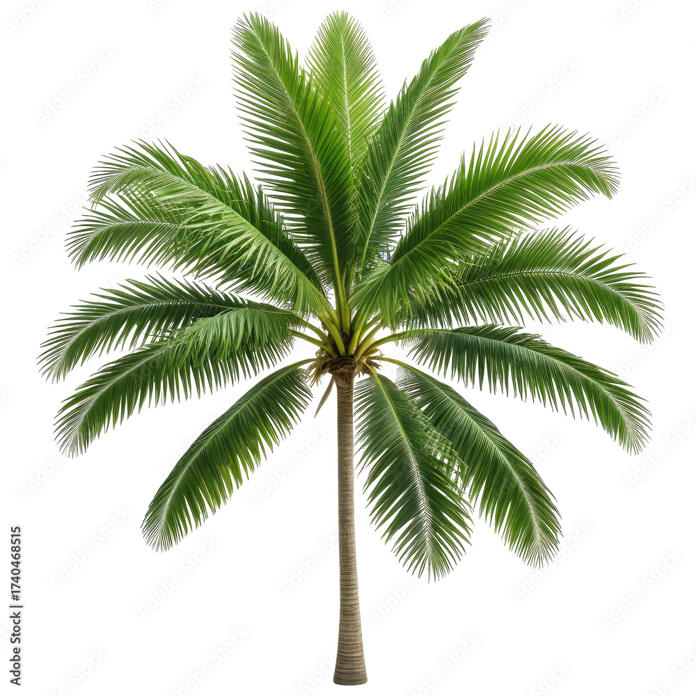 Obraz premium Tropical palm tree with lush green leaves. Isolated on a black background