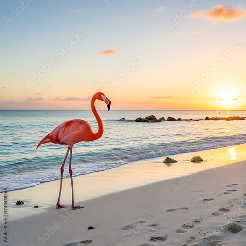 Flamingo at Sunset - A Tropical Beach Paradise.