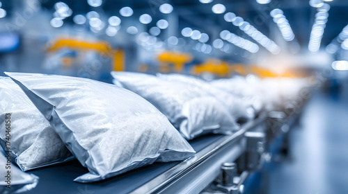 Automated filling line rapidly transports sealed white pouches of industrial polymer granules.
