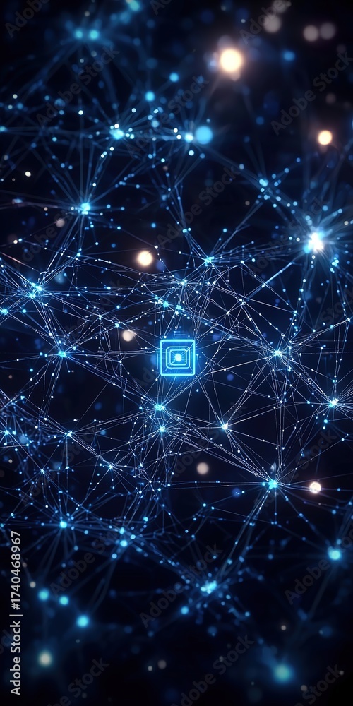 Obraz premium Blue digital background with complex glowing network connections and small square icon in center for modern tech abstract design.