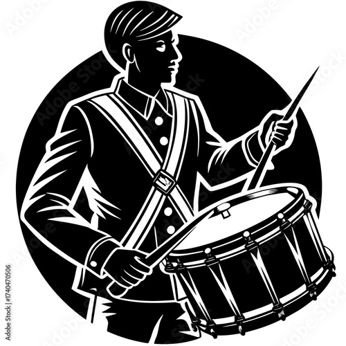 Illustration of a drummer in uniform playing a snare drum