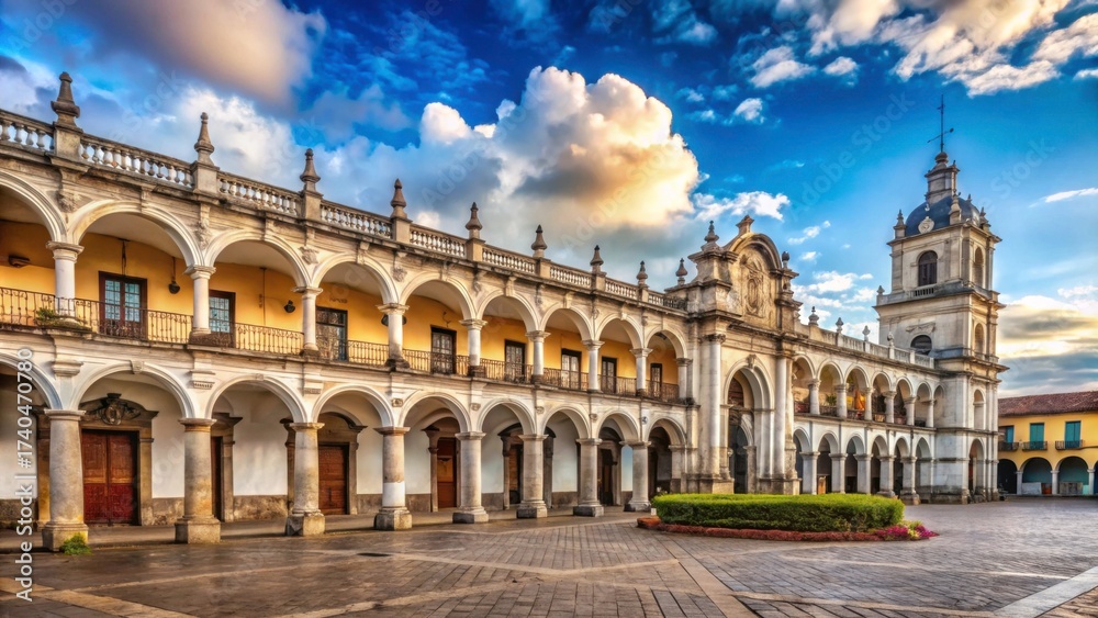 Fototapeta premium Majestic Colonial Architecture in Vibrant Plaza under Clear Sky